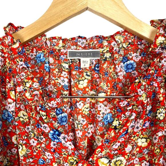 Pleione Women's Micro Floral Ruffle Short Sleeve Red Blue Yellow Sz S - Picture 6 of 8